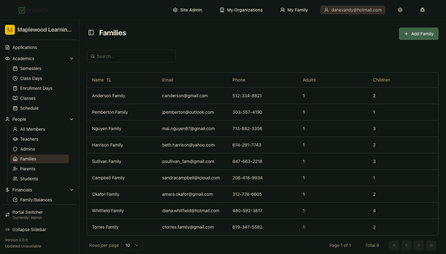 Veronics admin Families dashboard showing a list of families with adults and children counts